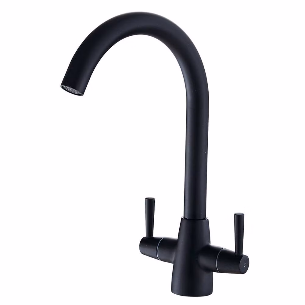 Heable Matte Black Dual-Lever Brass Kitchen Mixer Tap with Swivel Spout – 4