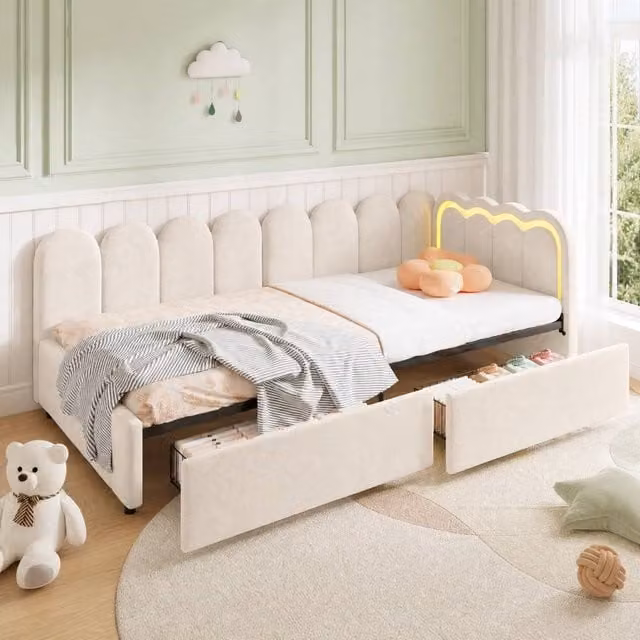 STILVORA Modern 3ft Single Bed Frame with Drawers and Under-bed Lighting in Beige Velvet, W/D/H: 90 x 190 cm – 1