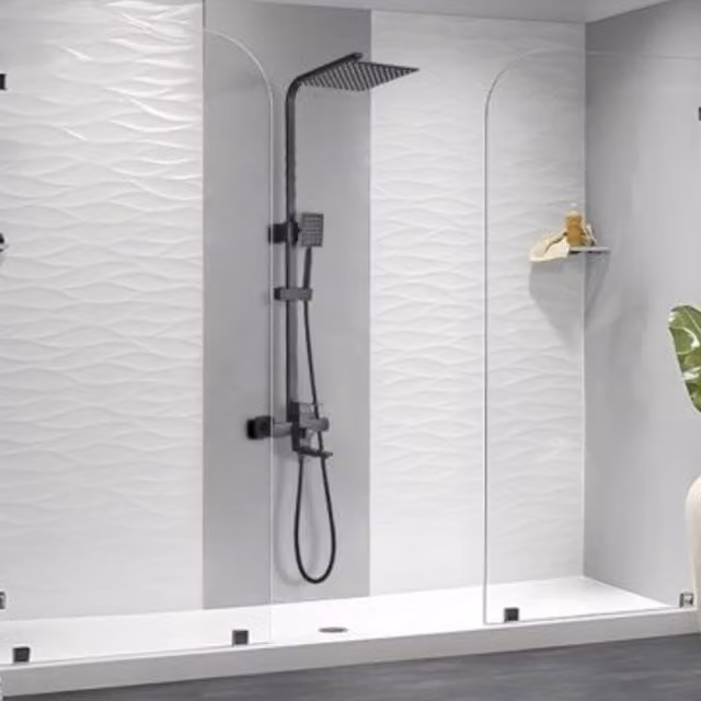 Novecrafto Modern Shower Mixer Set in Matt Black with Rainfall Overhead Shower, Handheld Shower and Wall Bar – 1