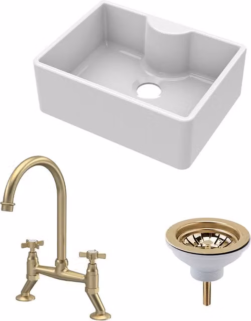Balterley Single Bowl Ceramic Butler Sink with Bridge Mixer Tap and Waste in White and Gold, W: 59.5 cm