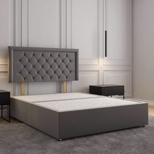Regional Furnishings Plush Velvet Small Double Divan Bed Base with 24 Inch Headboard in Grey, W/D/H: 120 x 200 x 60.96 cm