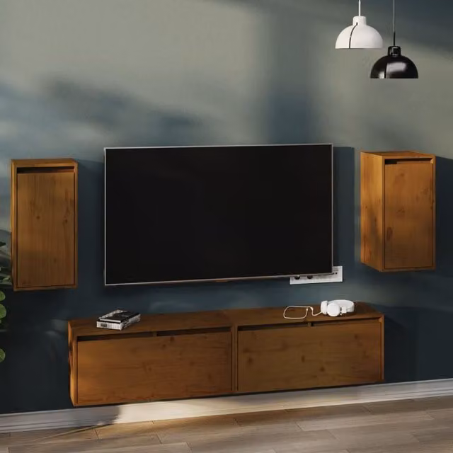 Berkfield Home Set of 2 Honey Brown Solid Wood Pine Wall Cabinets W/D/H: 30 x 30 x 60 cm