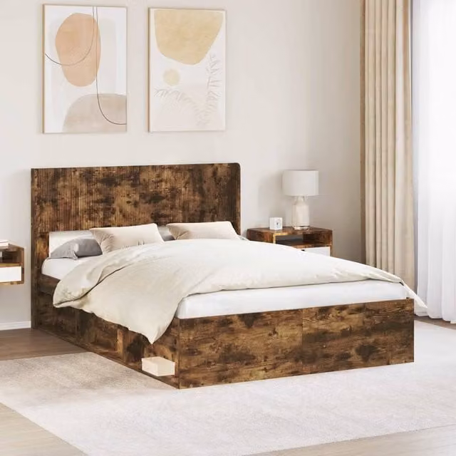 Berkfield Home Modern Bed Frame with Headboard and Side Compartment Storage, Smoked Oak, Brown, W: 135 cm, L: 190 cm – 1