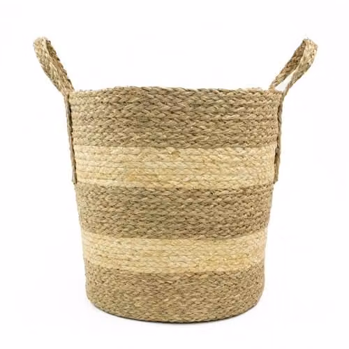 JVL Palma Natural Round Storage Basket in Sand, Woven Natural Fibre Organizer – 1