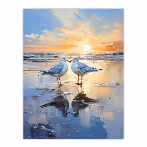 Artery8 Seagull Bird Couple Beach Sunset Coastal Landscape Unframed Paper Poster Wall Art Print – 1