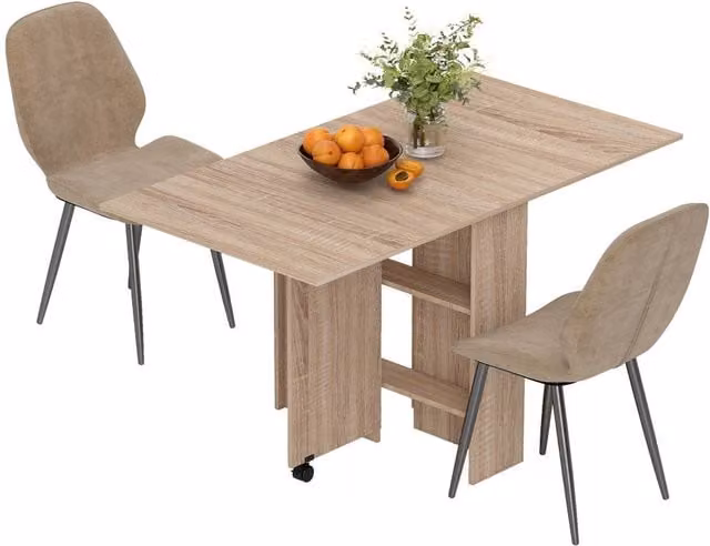HOMCOM Dining Table Set with 2 Beige Upholstered Chairs and Folding Butterfly Leaf Table in Natural Wood Finish