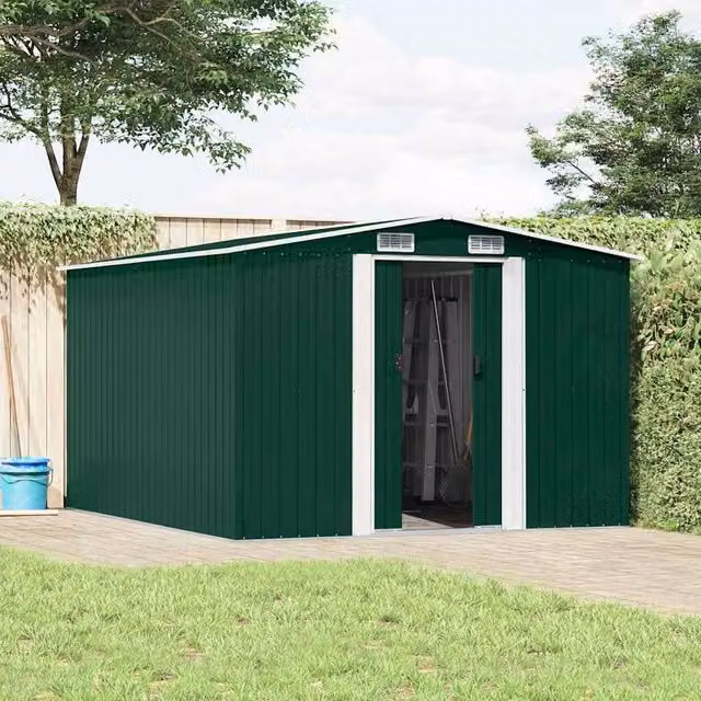 Berkfield Home Metal Garden Shed in Green with Sliding Doors and Side Vent, W/D/H: 257 x 298 x 178 cm