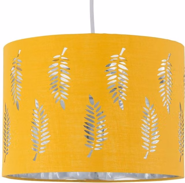 First Choice Lighting Fern Ochre Cut Out Round Fabric Pendant Lightshade in Yellow and Green, Diameter: 25 cm