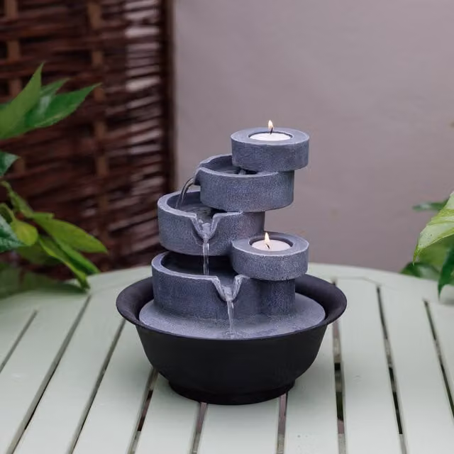 Primrose Grey Slate Effect Cascading Bowls Tabletop Water Feature with LED Lights