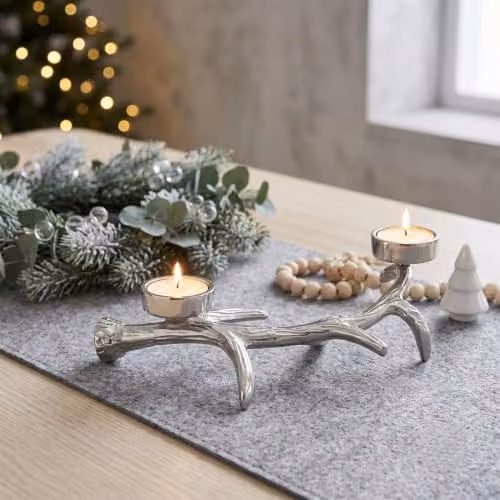 Homescapes Silver Antler Dual Tea Light Candle Holder – 3
