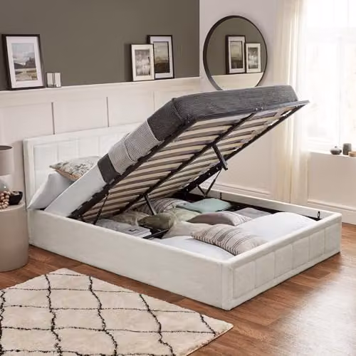 Home Treats Small Double Ottoman Bed with Pocket Sprung Mattress in White Plush Bouclé Fabric, W/D/H: 120 x 190 x 39 cm – 1