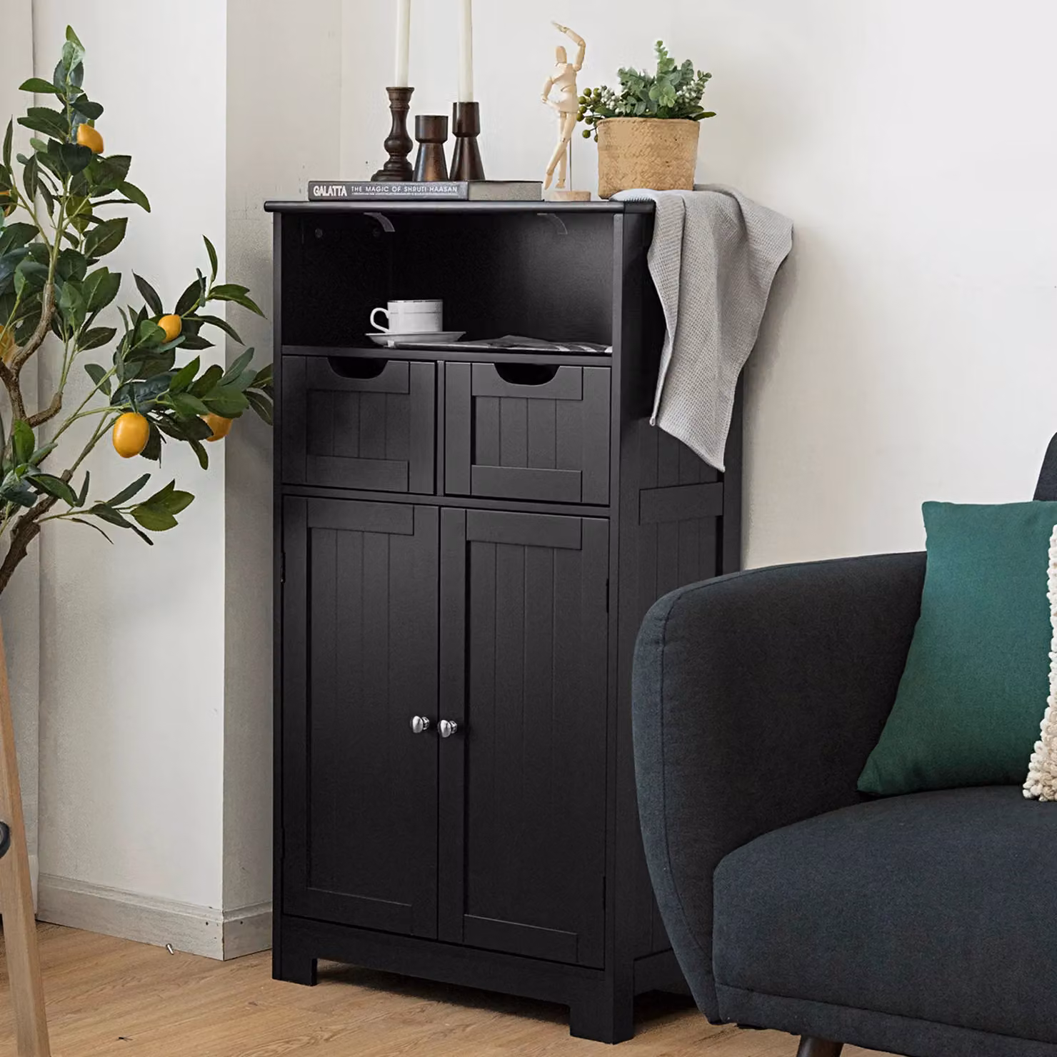 Costway Black Lacquered Wooden Freestanding Cupboard Cabinet with Internal Shelves and Drawers – 3