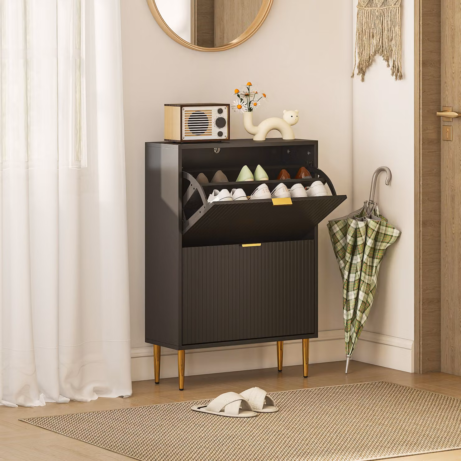 HOMCOM Modern Narrow Shoe Cabinet with 2 Tilting Compartments and Internal Shelves, Black and Gold – 2