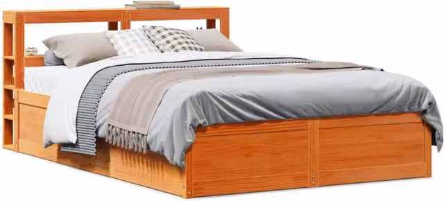 Berkfield Home Solid Wood Pine Bed Frame with Headboard and Side Compartments, Wax Brown, W/D/H: 160 x 200 cm