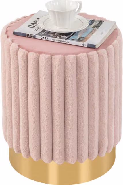 Costway Pink Velvet Upholstered Cylindrical Footrest Stool with Metal Frame