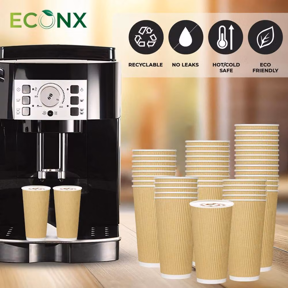ECONX 25 Pack Triple Wall Ripple Brown Disposable Paper Coffee Cups, 20oz – 4