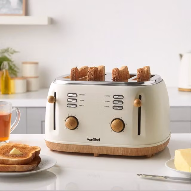 VonShef 4 Slice Toaster in Beige, Yellow or White