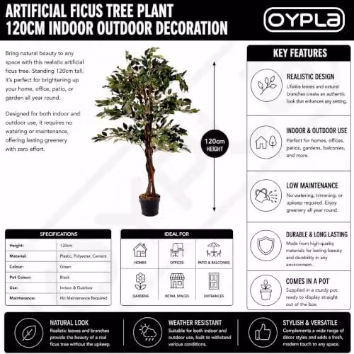 Oypla Artificial Ficus Tree Plant in Green, Height: 120 cm – 3