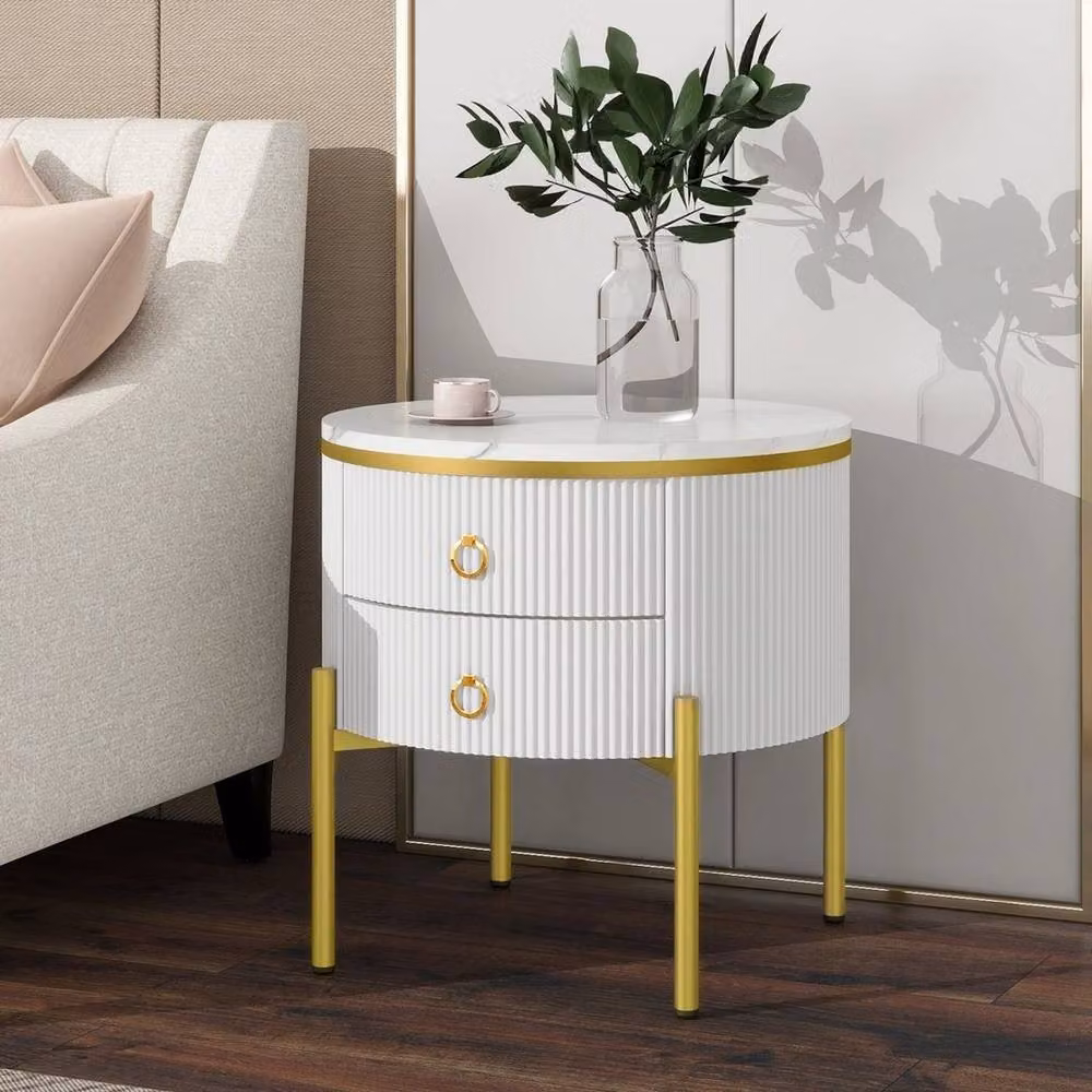 KORVIXA Round Side Table in White and Gold with Glossy Finish, W/D/H: 100 x 100 x 51 cm – 3