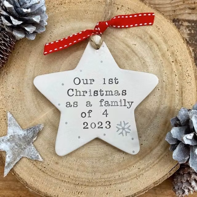 Abode Home & Gifts Personalised Our First Christmas Star Hanging Ceramic Decoration in White, Grey, Gold and Silver