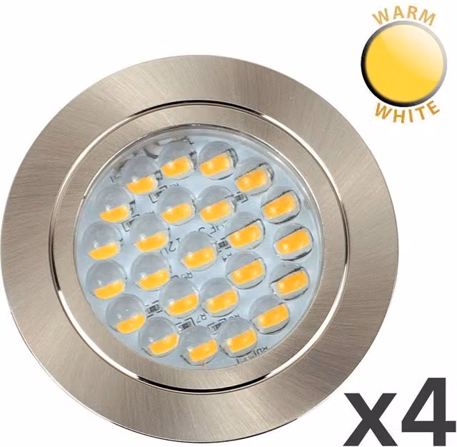 ValueLights Pack of 4 Modern Chrome Recessed LED Caravan Downlights with Warm White Bulbs