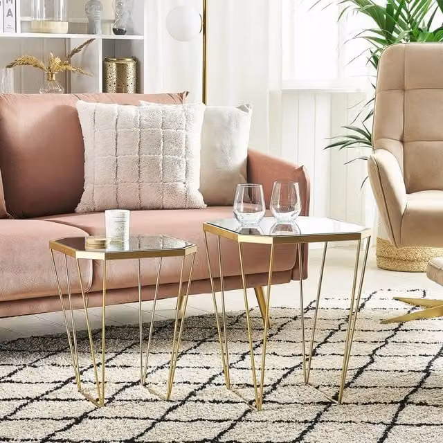 Wyld and Coco Glam Side Tables Set of 2 with Gold Bases and Mirrored Glass Tops