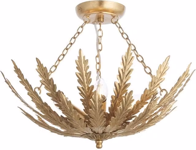 Loops Ornate Gold Flush Ceiling Light with Decorative Leaf Design, Dimmable 3-Bulb Art Nouveau Metal Pendant – 1