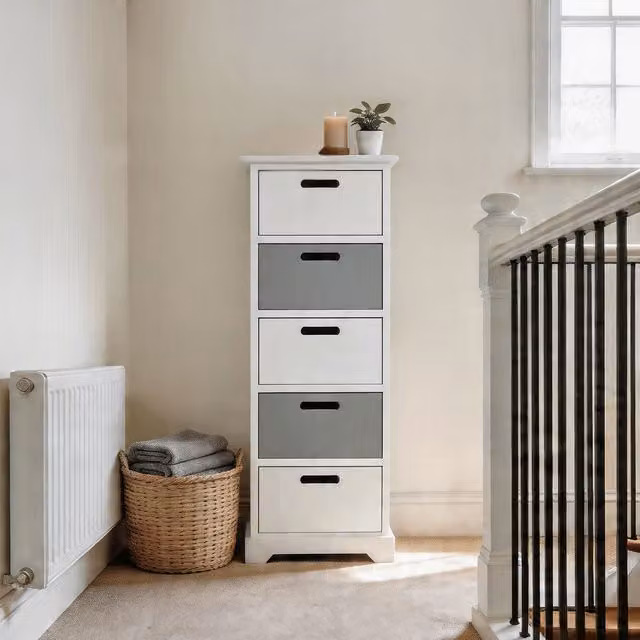 Home Source 5 Drawer Tallboy Wooden Bedroom Storage Chest in White – 1