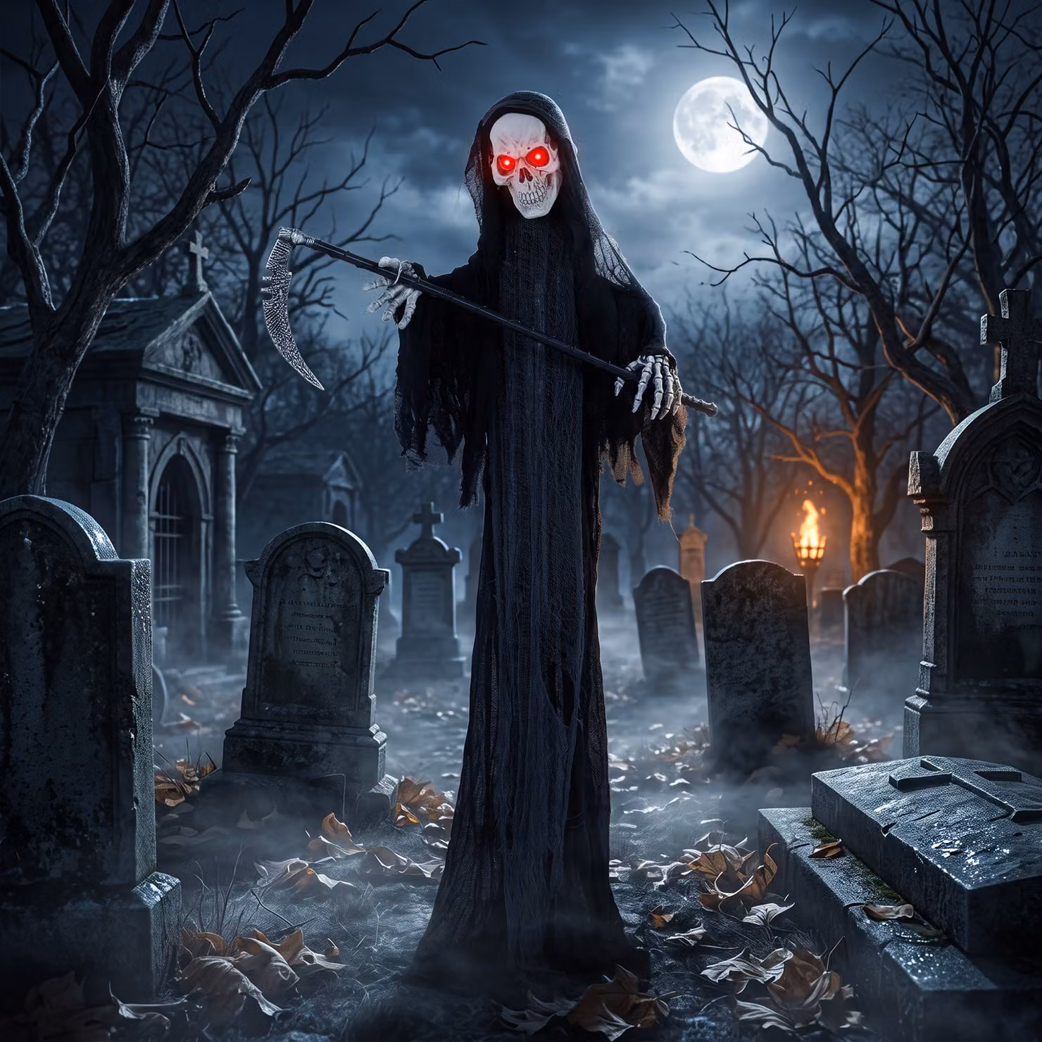 HOMCOM 183cm Life Size Animated Grim Reaper Halloween Decoration with Sound and Touch Activation in Red and Black – 2
