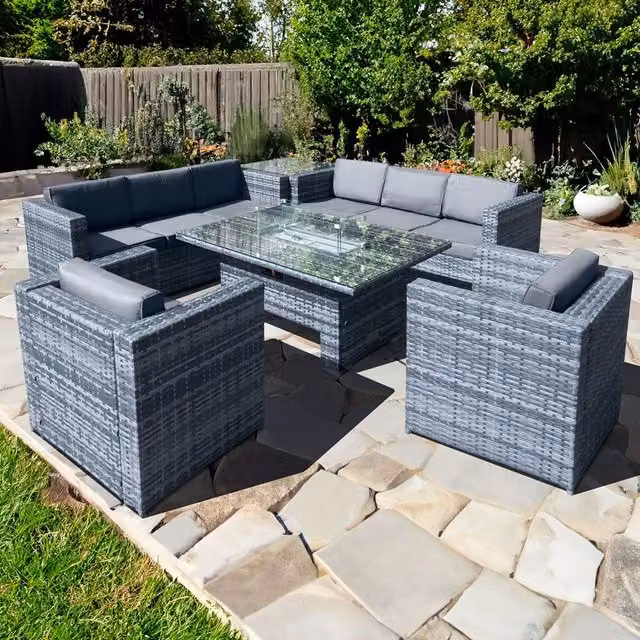 Oseasons Malta Rattan 8 Seat Rising Firepit Twin Chair Corner Set in Ocean Grey