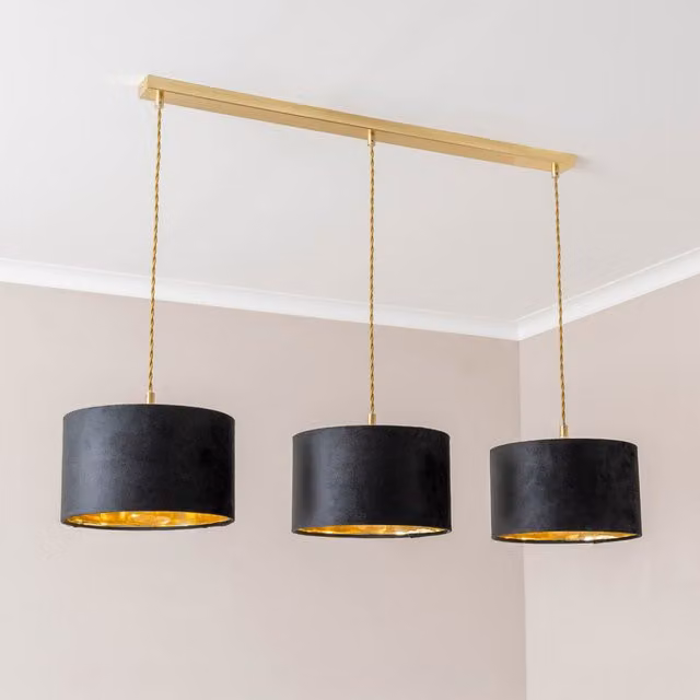 ValueLights Reni Velvet Shade 3 Drop Bar Pendant Ceiling Light in Black and Gold/Brass
