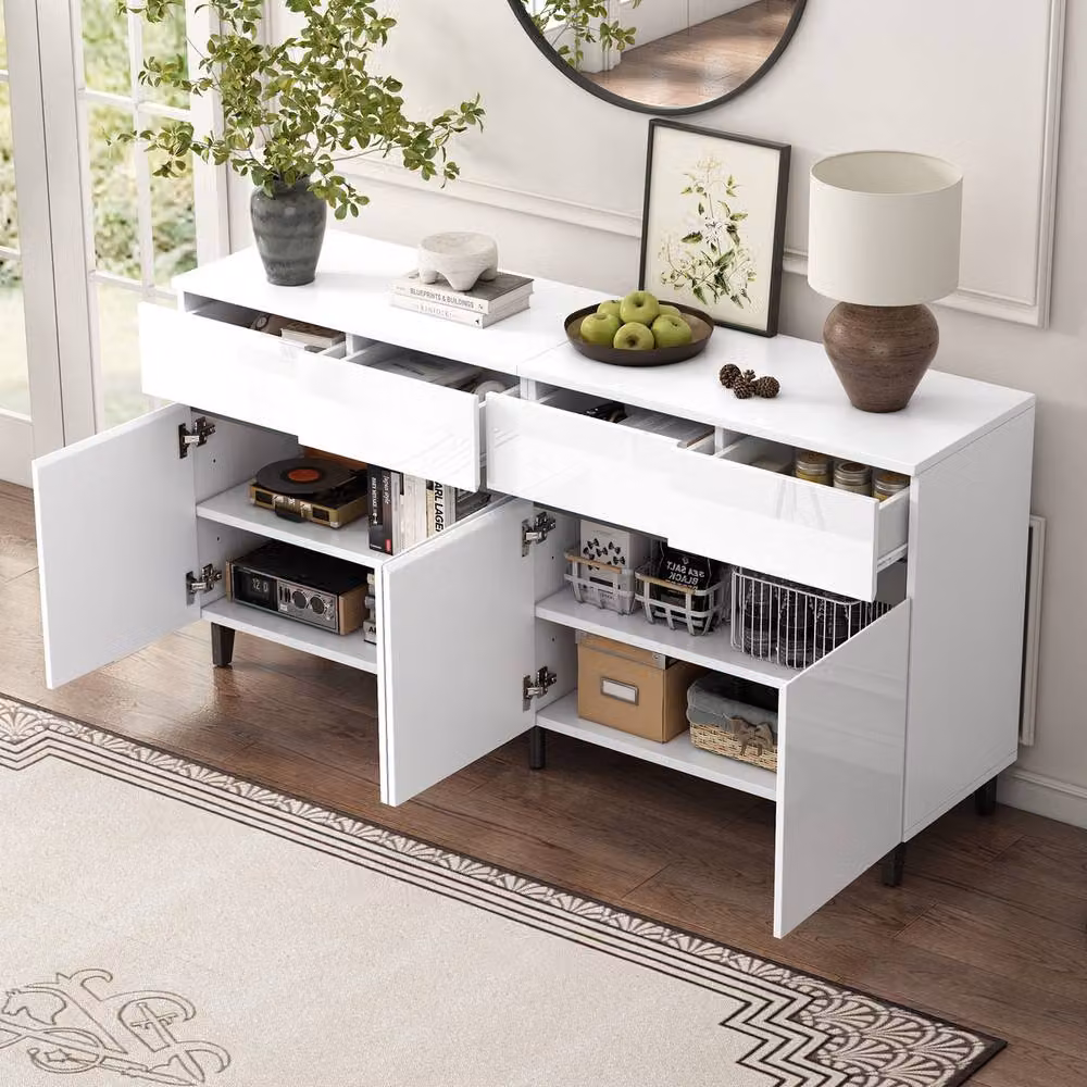 Rolipo White Glossy Highboard Sideboard Cabinet with 4 Doors and Drawers, 160 cm – 4