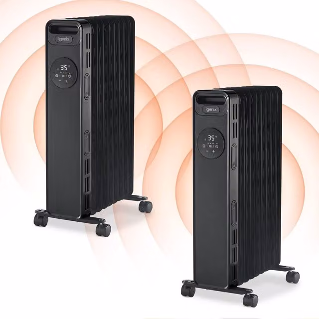 Igenix 2000W Digital Oil Filled Radiator with 24 Hour Timer, Black, Pack of Two
