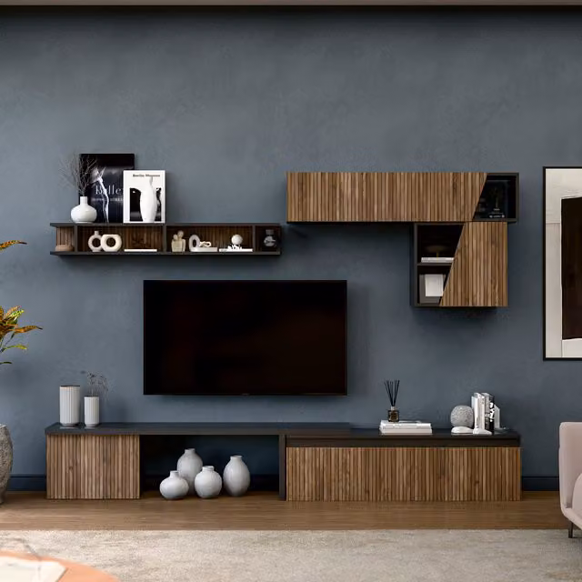 Decorotika Lille Minimalist Wall Mounted Entertainment Center in Black and Brown with Geometric Open Shelving