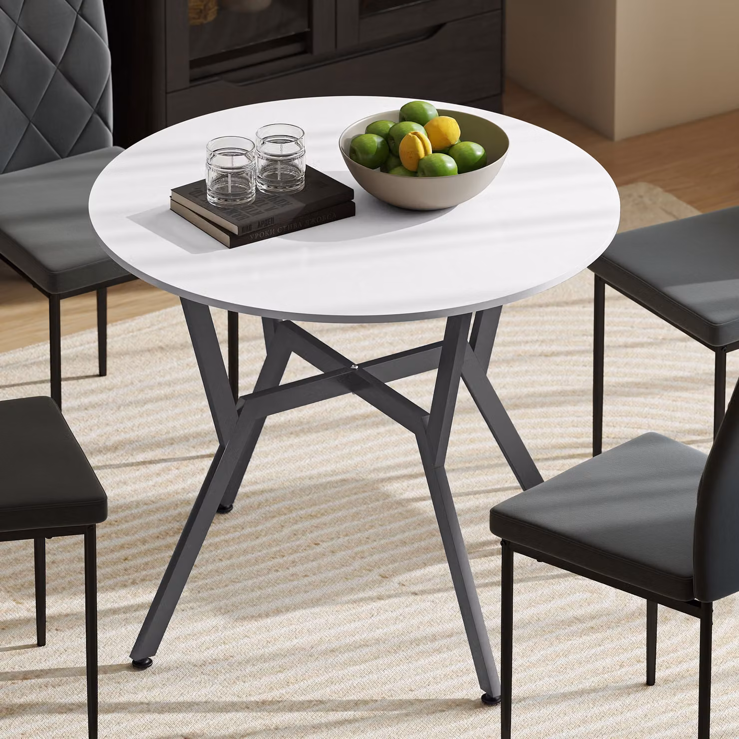 HOMCOM Round High Gloss White Dining Table with Black Metal Legs, Diameter: 90 cm, Height: 76 cm – 2