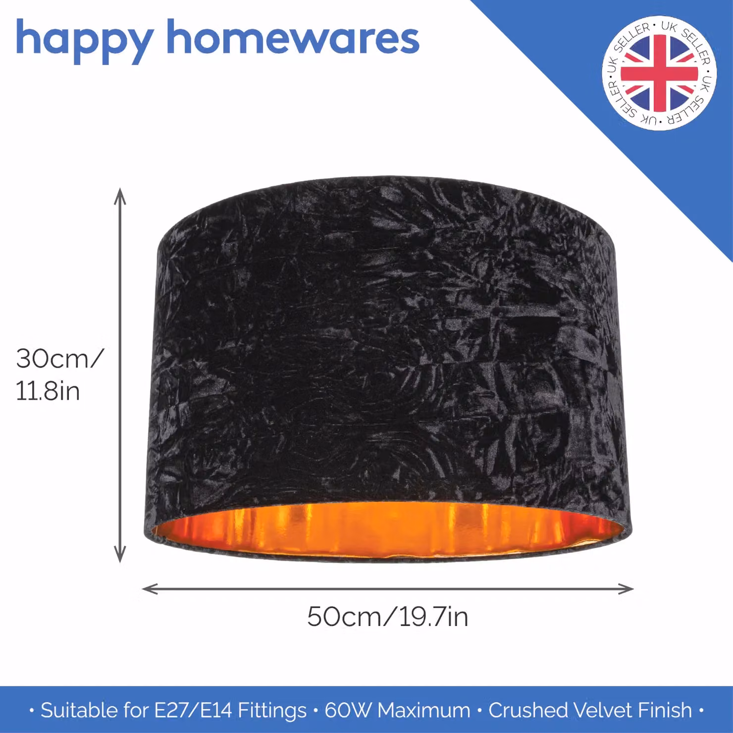 Happy Homewares Modern Black Crushed Velvet Circular Drum Lampshade with Copper Inner – 7