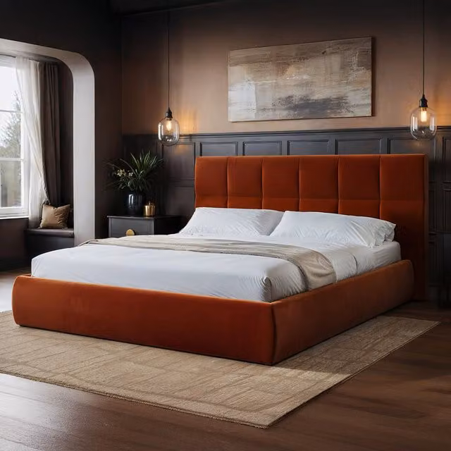 Solace+Co Mika Modern Upholstered Velvet Ottoman Bed in Orange, W/D/H: 140 x 200 cm