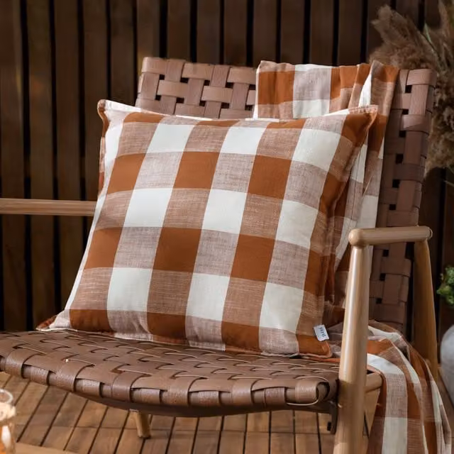 Yard Chesil Check Cotton Outdoor Filled Cushion, Pecan Brown, W/D/H: 50 x 50 x 50 cm