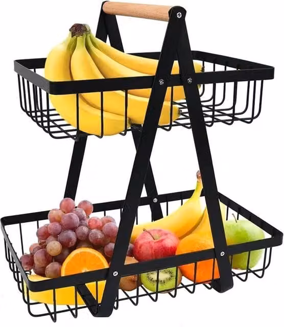 KORVIXA 2 Tier Metal Fruit Basket with Handle Holder Rack in Black – 1