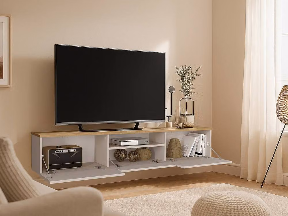 LOTULA Vente-unique Floating TV Unit with 3 Doors and 1 Niche in Beige and Natural – 3