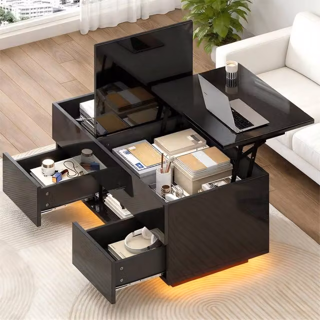 Merax High Gloss Lift-Top Coffee Table with Hidden Storage and LED in Black, W/D/H: 100 x 45 x 43 cm – 1