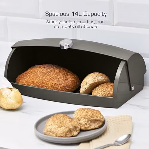 Swan Townhouse Ventilated Metal Bread Bin with Roll Front Lid, 14 Litre, Grey – 4