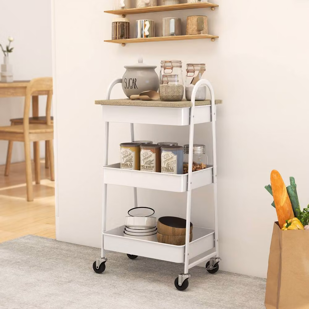 STILVORA 3-Tier Metal Storage Trolley with Wheels and Top Board in White – 2