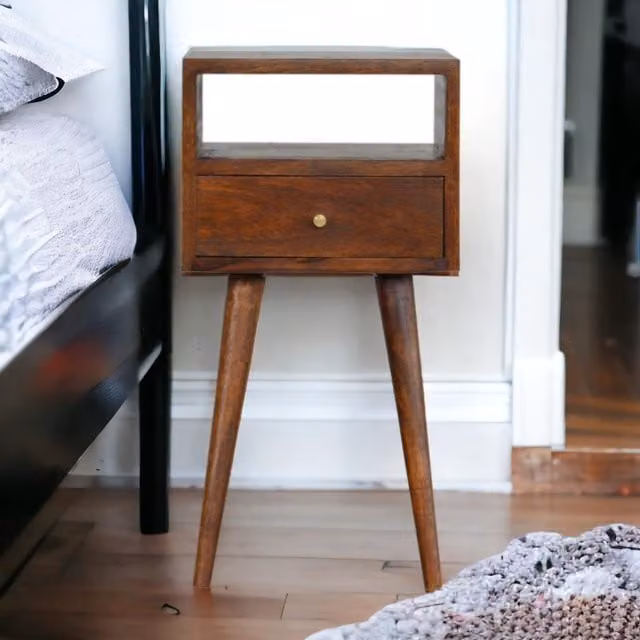 Aosom UK Handcrafted Solid Mango Wood Mini Bedside Table with Drawer and Open Shelf, Brown, W/D/H: 30 x 30 x 57 cm