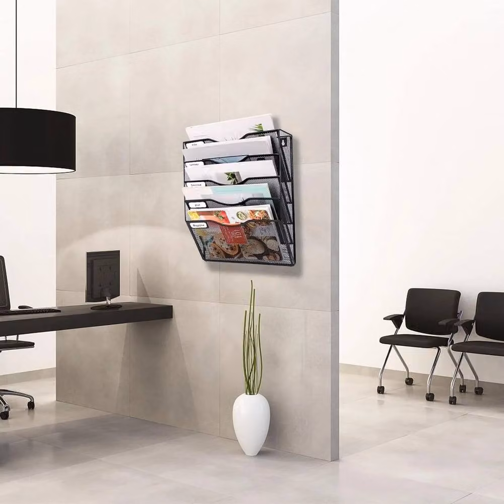 NESTLUNE 5-Tier Wall Mounted A4 Magazine Rack in Matt Black Metal – 5