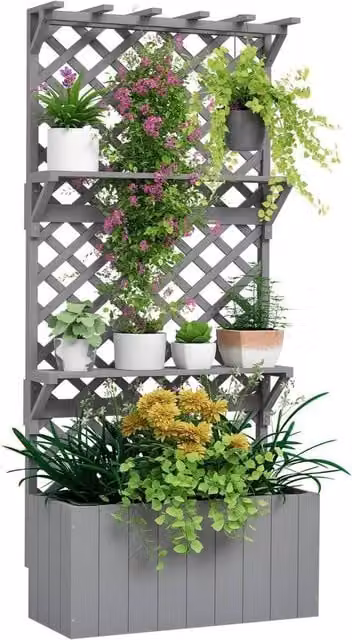 Kelvenix Grey Wooden Raised Planter with Trellis and 2 Shelves, W/D/H: 177 x 52 x 33 cm – 1