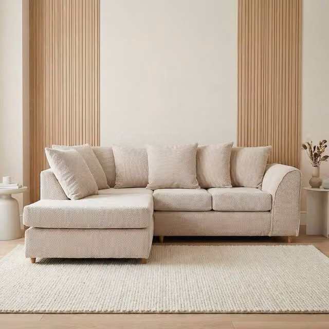Abakus Direct Jumbo Grid Left Hand Corner Sofa in Beige with Scatter Cushions – 1
