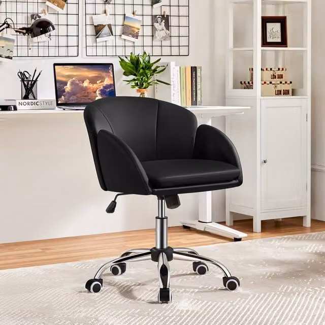 Yaheetech Modern Black Faux Leather Swivel Task Chair with Armrests and Castors