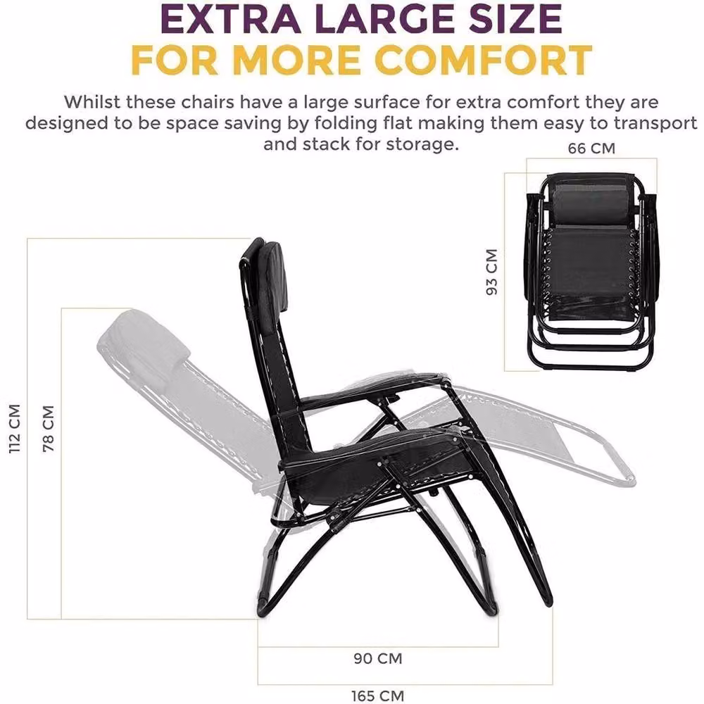 FORGEVIO Set of 2 Black Textilene Sun Lounger Recliner Chairs with Adjustable Headrests and Powder Coated Steel Frame – 2