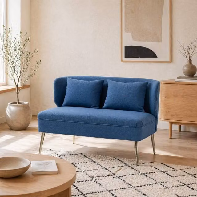 Wyld Haus Taco 2 Seater Wingback Sofa in Dark Blue Linen Look with Gold Metal Frame